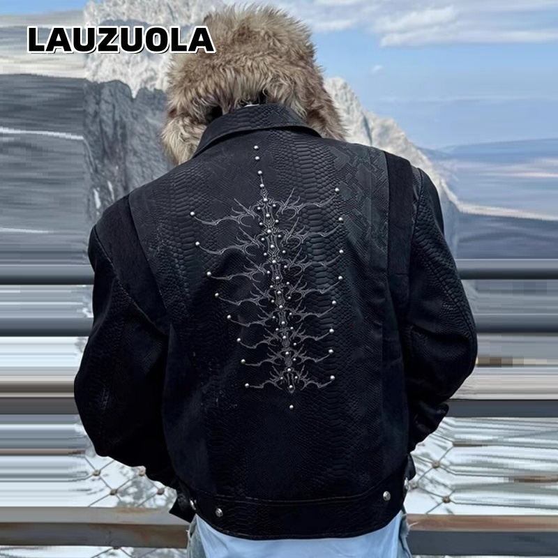 Streetwear Zipper - 남성용 블랙 스네이크 엠보싱 자켓, 등