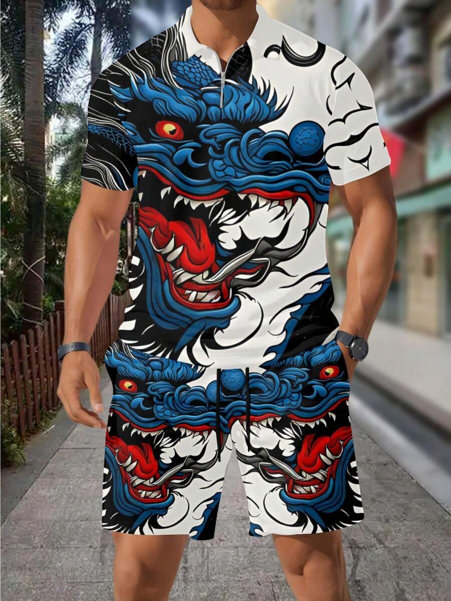 Streetwear Zipper - 남성용 3D 드래곤 프린트 지퍼 폴로