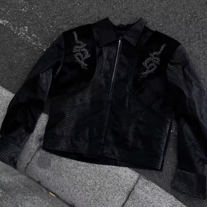 남성용 블랙 스네이크 엠보싱 자켓, 등 부분 자수 리벳 - Streetwear Zipper 리뷰 및 가격