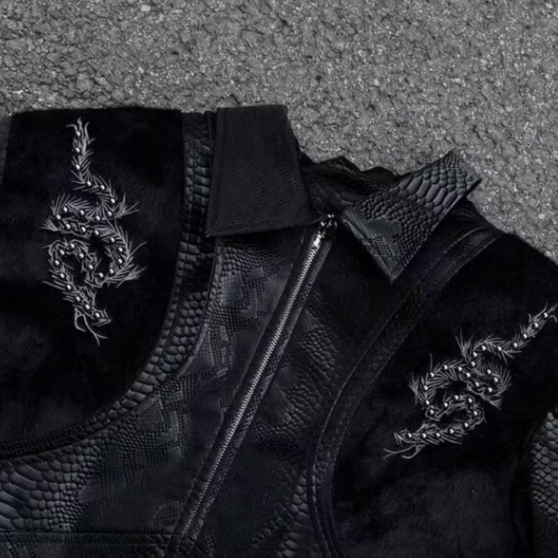 남성용 블랙 스네이크 엠보싱 자켓, 등 부분 자수 리벳 - Streetwear Zipper 리뷰 및 가격