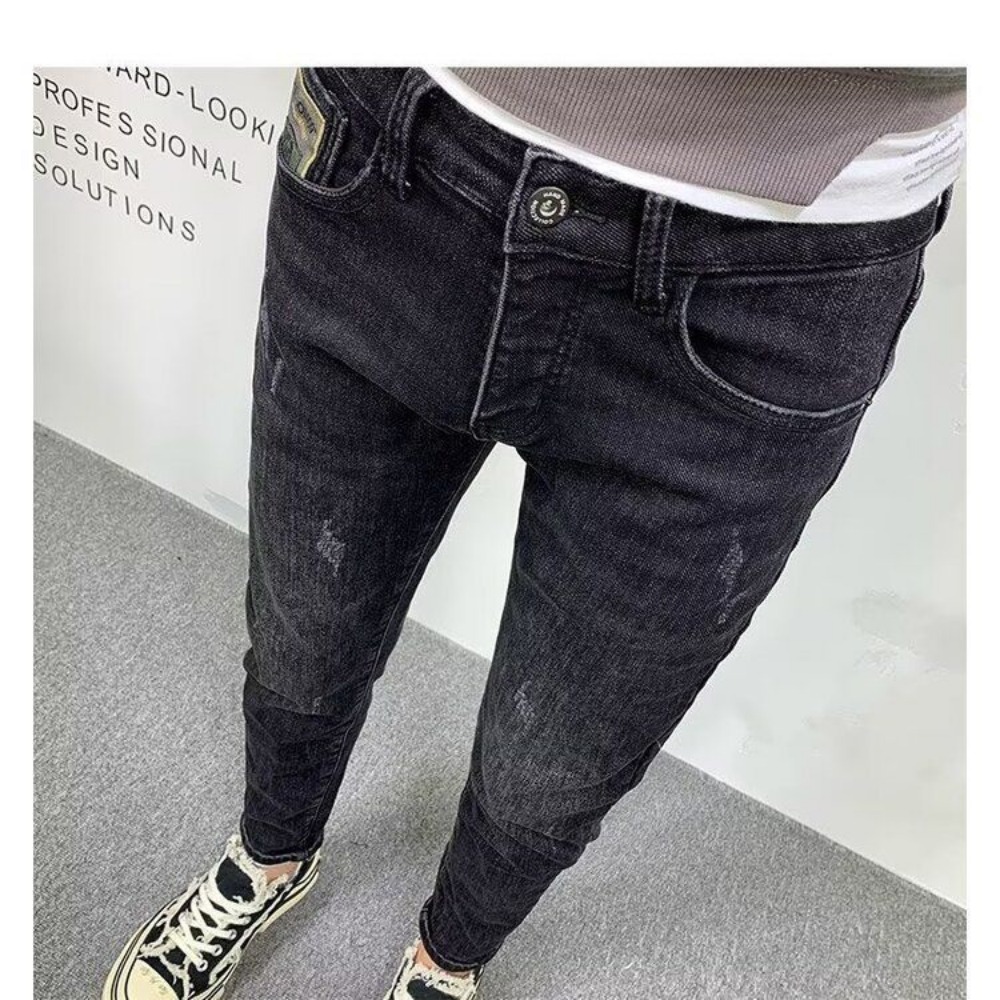 남성용 슬림핏 데님 청바지, 캐주얼 솔리드 블랙 슬림  - Streetwear Clothing Brands 리뷰 및 가격