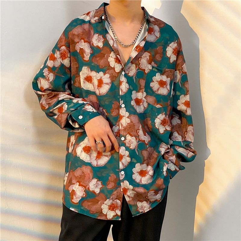 남성 긴 소매 꽃 셔츠, 브랜드 하와이 스타일, 넉넉한 - Streetwear Brand Flower 리뷰 및 가격